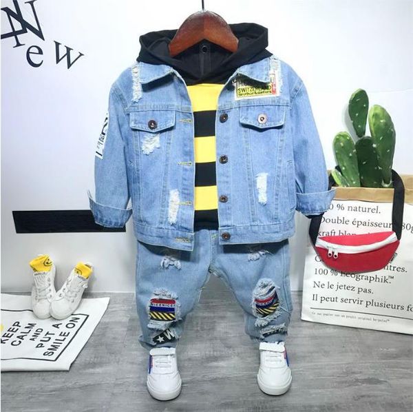 denim suit children's long-sleeved denim jacket + striped hoodie + jeans 3 pieces fashion sports clothes boys clothing suits, White
denim suit children's long-sleeved denim jacket + striped hoodie + jeans 3 pieces fashion sports clothes boys clothing suits, White
