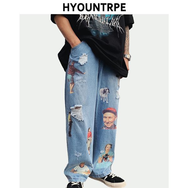 graffiti printed ripped destroied denim straight jeans mens distressed jeans trouser hip hop streetwear loose joggers jean pants, Blue