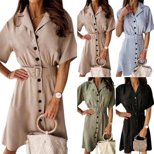 women summer solid knee-length dress office lady turn-down collar single breast button a-line dress with sashes, White;black
women summer solid knee-length dress office lady turn-down collar single breast button a-line dress with sashes, White;black