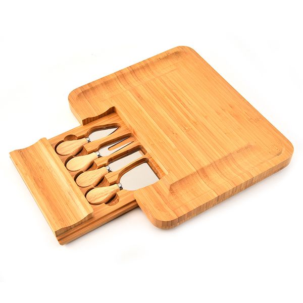 natural bamboo cheese board with cutlery knife set slide out drawer wooden platter 4 small wood handle cutting knives
natural bamboo cheese board with cutlery knife set slide out drawer wooden platter 4 small wood handle cutting knives