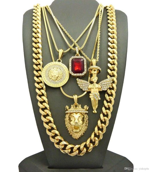 iced out hip hop red ruby, angel, lion, 12mm 30inch cuban chain 5pcs necklace set singer rapper bling accessories, Silver
iced out hip hop red ruby, angel, lion, 12mm 30inch cuban chain 5pcs necklace set singer rapper bling accessories, Silver