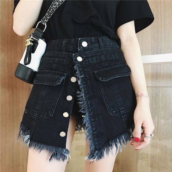 women 2020 summer vintage single breasted denim shorts female casual tassel ripped jeans shorts fashion girl skirts y106, White;black 
women 2020 summer vintage single breasted denim shorts female casual tassel ripped jeans shorts fashion girl skirts y106, White;black