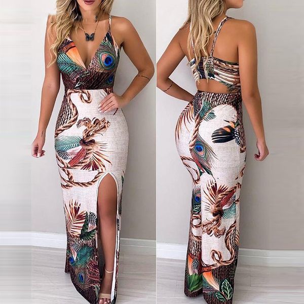 women peacock feather print thigh slit slip dress maxi dress party summer dress, Black
women peacock feather print thigh slit slip dress maxi dress party summer dress, Black
