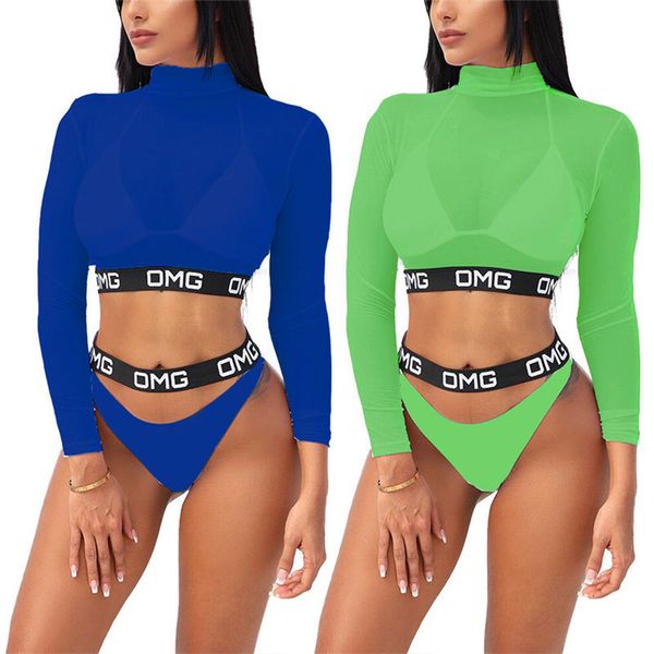 3 pieces set women swimwear omg letter bikini sets 2020 net long sleeve blue shirt female beachwear swimwear set, White;black 
3 pieces set women swimwear omg letter bikini sets 2020 net long sleeve blue shirt female beachwear swimwear set, White;black