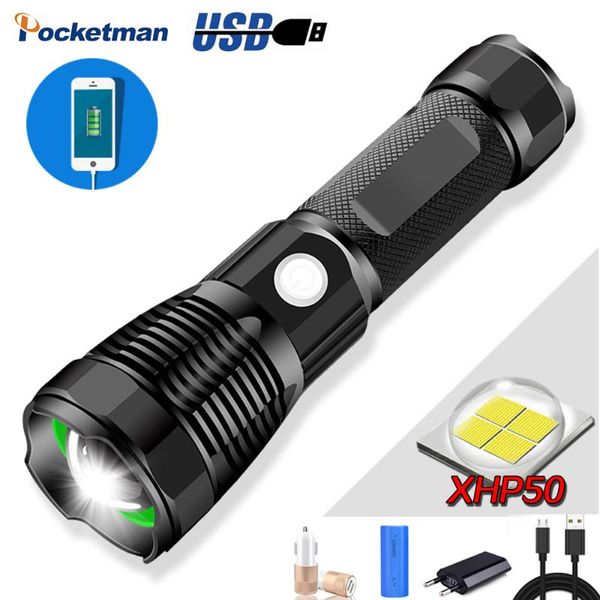 8000lm Super Brightest Led Hunting Usb Rechargeable Torch Xhp50.2 Hiking Zoomable Waterproof Hand Lamp 26650 Battery