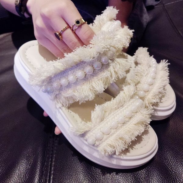 girl's sweet straw braided pearl beads decor tassel platform thick sole slipper sandals summer princess leisure slide shoes, Black
girl's sweet straw braided pearl beads decor tassel platform thick sole slipper sandals summer princess leisure slide shoes, Black