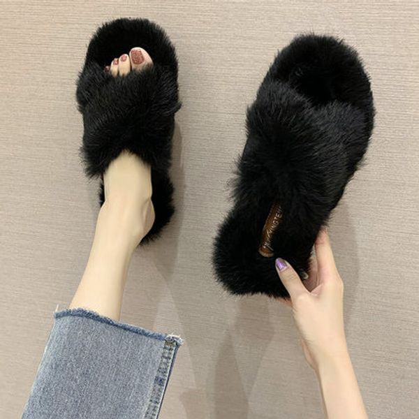 furry slippers women's 2020 autumn wear fashion crossover flat-bottomed large size slippers, Black
furry slippers women's 2020 autumn wear fashion crossover flat-bottomed large size slippers, Black