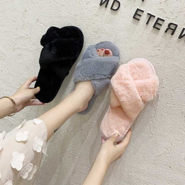 keep warm furry slippers women's casual shoes new winter cute shoes women home slippers pantoufle femme, Black