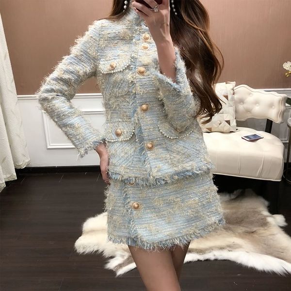 two piece dress tweed short skirt women set autumn office lady outfits female jacket with tassel fashion, White
two piece dress tweed short skirt women set autumn office lady outfits female jacket with tassel fashion, White