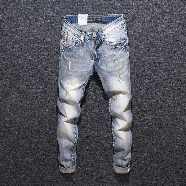 italian style fashion men jeans light blue slim fit ripped jeans men embroidery denim hip hop pants vintage designer homme
italian style fashion men jeans light blue slim fit ripped jeans men embroidery denim hip hop pants vintage designer homme