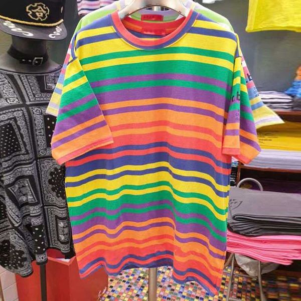 women's t-shirt knitting rainbow stripes loose summer short sleeve o-neck casual tees dm001, White
women's t-shirt knitting rainbow stripes loose summer short sleeve o-neck casual tees dm001, White