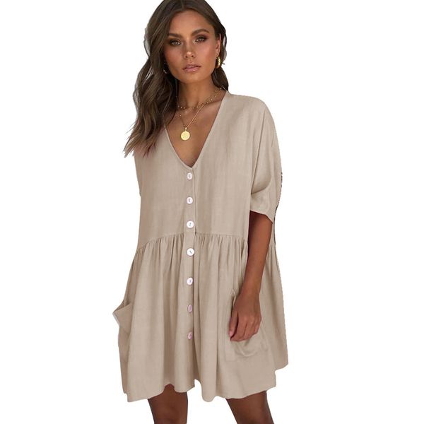 pleated loose beach dresses women half sleeve summer dress pockets vintage sundress 2020 buttons casual dress v neck vestidos, Black;gray
pleated loose beach dresses women half sleeve summer dress pockets vintage sundress 2020 buttons casual dress v neck vestidos, Black;gray