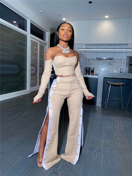 women's fashion two piece outfits off the shoulder long sleeve crop and side split button long pants set casual club streetwear, White
women's fashion two piece outfits off the shoulder long sleeve crop and side split button long pants set casual club streetwear, White