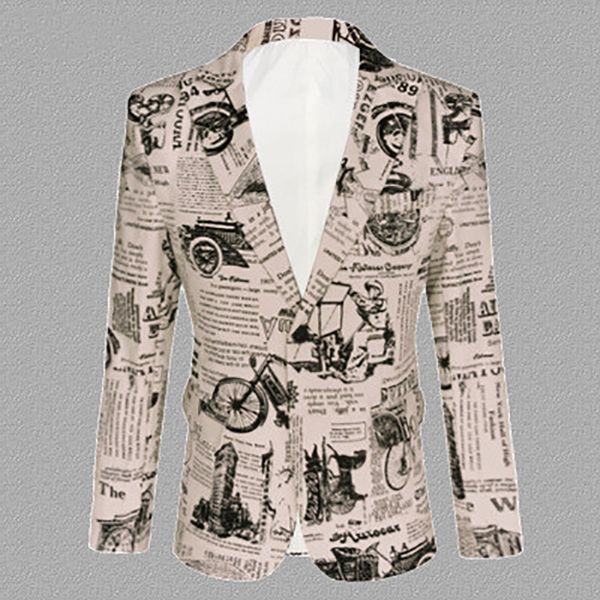 men's suits & blazers men retro vintage spaper print casual blazer hombre dj singer night club slim fit suit jacket prom party costume, White;black
men's suits & blazers men retro vintage spaper print casual blazer hombre dj singer night club slim fit suit jacket prom party costume, White;black