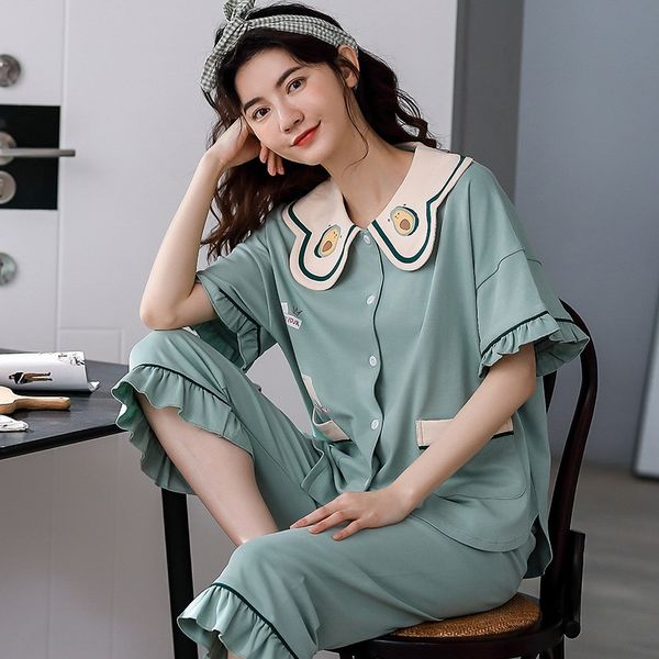 7jmnk 2020 pajamas women's summer cotton short-sleeved capri pants suit pants suitpajamas suitkorean cardigan princess style home suit, Blue;red 
7jmnk 2020 pajamas women's summer cotton short-sleeved capri pants suit pants suitpajamas suitkorean cardigan princess style home suit, Blue;red
