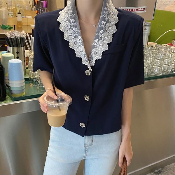 women's blouses & shirts korean vintage blouse women summer autumn short sleeve lace notched chic crop blusas mujer, White
women's blouses & shirts korean vintage blouse women summer autumn short sleeve lace notched chic crop blusas mujer, White