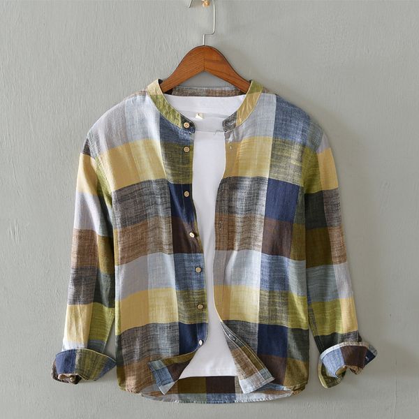new men's cotton and linen shirts stand-collar plaid color matching long-sleeved shirt soft fresh and comfortable slim fit shirt, White;black
new men's cotton and linen shirts stand-collar plaid color matching long-sleeved shirt soft fresh and comfortable slim fit shirt, White;black