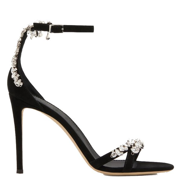 ins lady black high heel rhinestone sandal elegant woman crystal black buckle high heel party sandal dress