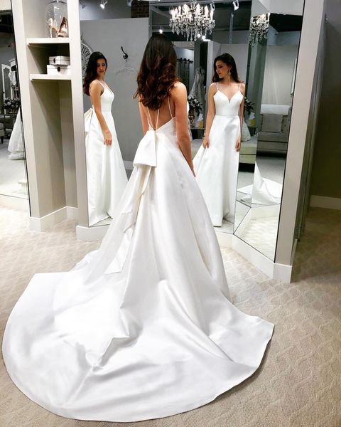 simple satin a line wedding dresses spaghetti straps v neck backless modest sweep train plus size bridal gowns, White
simple satin a line wedding dresses spaghetti straps v neck backless modest sweep train plus size bridal gowns, White