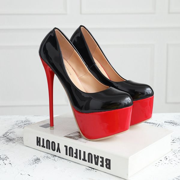 16cm super high heels women pumps high platform red patent leather shoes, Black