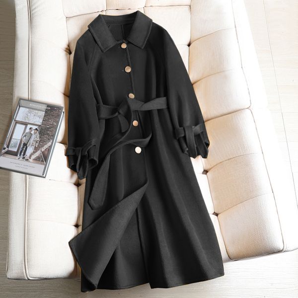 2020 korean-style elegant wool overcoat single breasted solid color mid-length coat women casual loose outwear with belt, Black
2020 korean-style elegant wool overcoat single breasted solid color mid-length coat women casual loose outwear with belt, Black