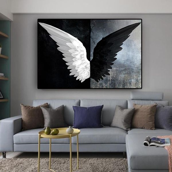 

Black and White Powerful Feather Wings Wall Art Pictures Painting Wall Art for Living Room Home Decor (No Frame)