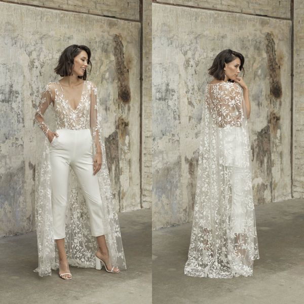 new wedding jumpsuit with cape beach wedding dresses v neck tea length lace bridal outfit wedding gowns 2021, White
new wedding jumpsuit with cape beach wedding dresses v neck tea length lace bridal outfit wedding gowns 2021, White