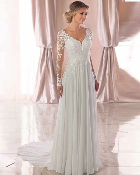 a-line wedding dresses v neck chapel train chiffon satin long sleeve romantic illusion sleeve with buttons appliques, White
a-line wedding dresses v neck chapel train chiffon satin long sleeve romantic illusion sleeve with buttons appliques, White