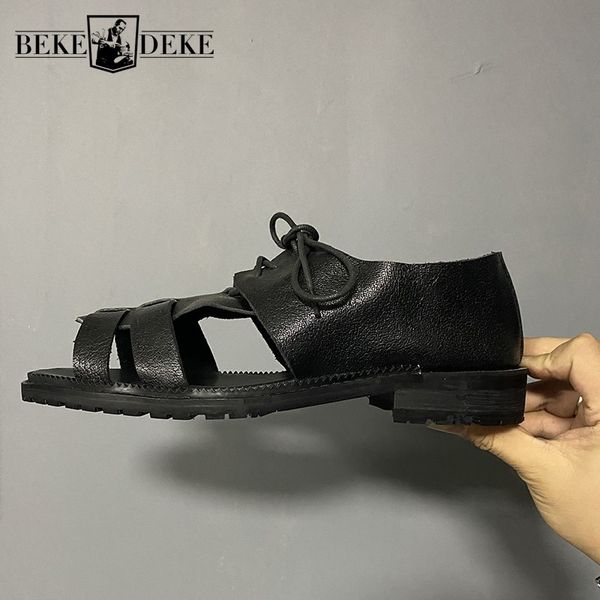 sandals 100% genuine leather men peep toe lace up outdoor rome breathable summer high-black zapatos hombre