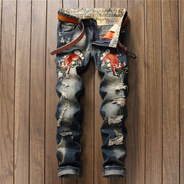 retro blue ripped jeans for men tiger in flowers embroidery biker jeans straight slim men pants fashion mens clothing
retro blue ripped jeans for men tiger in flowers embroidery biker jeans straight slim men pants fashion mens clothing
