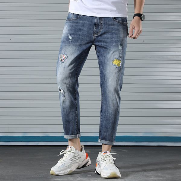 popular logo bigger sizes of men's summer patch stretch feet nine points jeans han edition cultivate morality pants men, Blue
popular logo bigger sizes of men's summer patch stretch feet nine points jeans han edition cultivate morality pants men, Blue