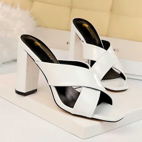 slippers european and american summer fashion simple thick heeled high heel patent leather cross belt female half, Black
slippers european and american summer fashion simple thick heeled high heel patent leather cross belt female half, Black
