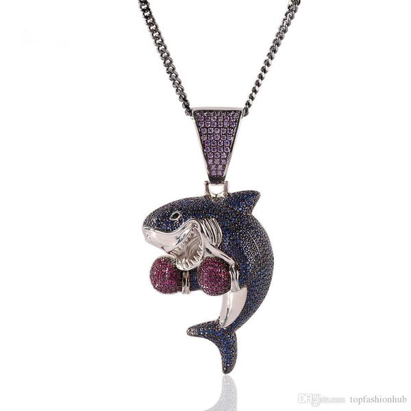 boxing shark pendant hip-hop micro-zircon necklace gun black cuban chain hip hop accessories, Silver 
boxing shark pendant hip-hop micro-zircon necklace gun black cuban chain hip hop accessories, Silver
