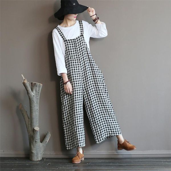 johnature women plaid jumpsuits 2020 autumn new vintage large size pockets cotton linen women cloths casual female jumpsuits, Black;white
johnature women plaid jumpsuits 2020 autumn new vintage large size pockets cotton linen women cloths casual female jumpsuits, Black;white