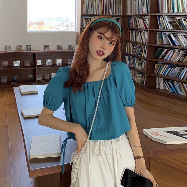 french square collar bubble sleeve women's shirt shirt 2020 new korean style short design sense niche drawstring top, White
french square collar bubble sleeve women's shirt shirt 2020 new korean style short design sense niche drawstring top, White
