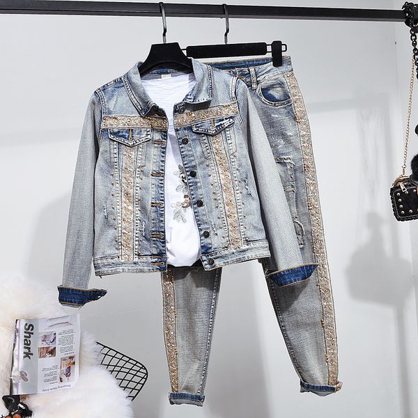 2020 autumn beading holes long sleeve denim jacket denim pencil jeans pants set suit, women's denim suit, Gray
2020 autumn beading holes long sleeve denim jacket denim pencil jeans pants set suit, women's denim suit, Gray