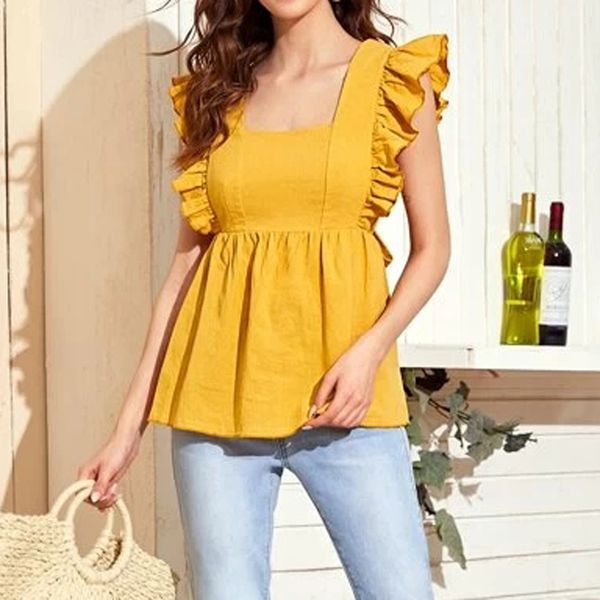 women's blouses & shirts rr sweet square collar women fashion solid yellow elegant ruffles short sleeve female ladies gj, White
women's blouses & shirts rr sweet square collar women fashion solid yellow elegant ruffles short sleeve female ladies gj, White