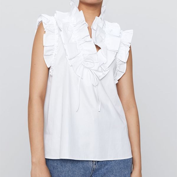 2020 summer bow applique shirts women sleeveless v-neck tonal ruffled trim shirt female elegant white poplin blouse
2020 summer bow applique shirts women sleeveless v-neck tonal ruffled trim shirt female elegant white poplin blouse
