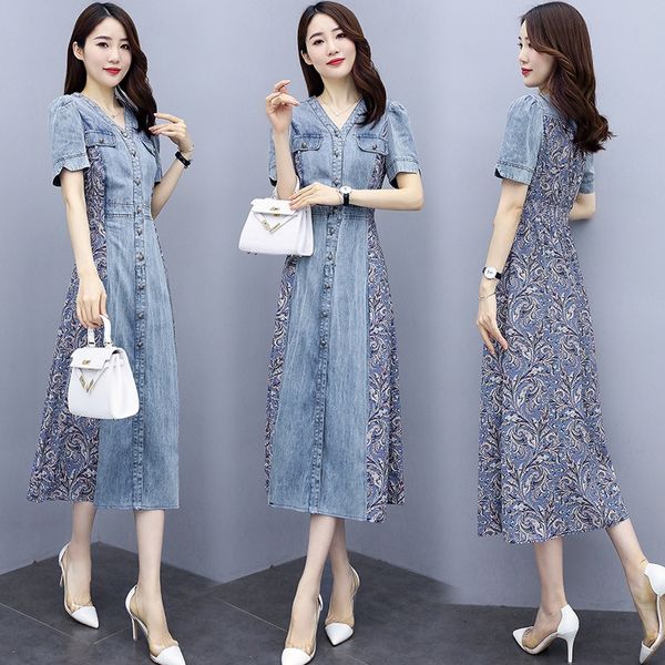 women's chiffon stitching floral denim 2020 new long thin v-neck korean dress style single-breasted dress, Black;gray
women's chiffon stitching floral denim 2020 new long thin v-neck korean dress style single-breasted dress, Black;gray