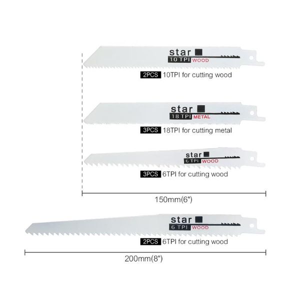 reciprocating saw blades set wood metal fast cutting saw blade 3pcs 6" 6tpi + 2pcs 8" 6tpi + 2pcs 6" 10tpi 3pcs 18tpi
reciprocating saw blades set wood metal fast cutting saw blade 3pcs 6" 6tpi + 2pcs 8" 6tpi + 2pcs 6" 10tpi 3pcs 18tpi