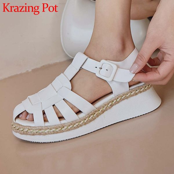 sandals krazing pot 2021 summer arrival genuine leather round toe hollow high heels straw beauty lady buckle strap women l37, Black