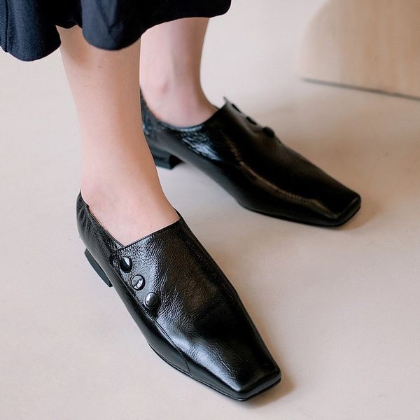 2020 autumn new thick heel square head deep-mouth thin shoes women's leather comfortable fashion low heel shoes, Black