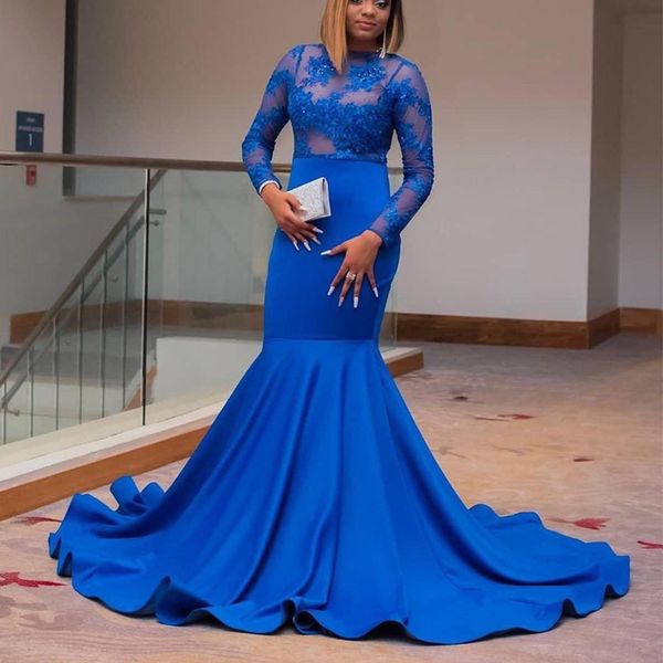 royal blue mermaid lace prom dresses sheer bateau neck appliqued beaded evening gowns sweep train satin formal dress, Black
royal blue mermaid lace prom dresses sheer bateau neck appliqued beaded evening gowns sweep train satin formal dress, Black
