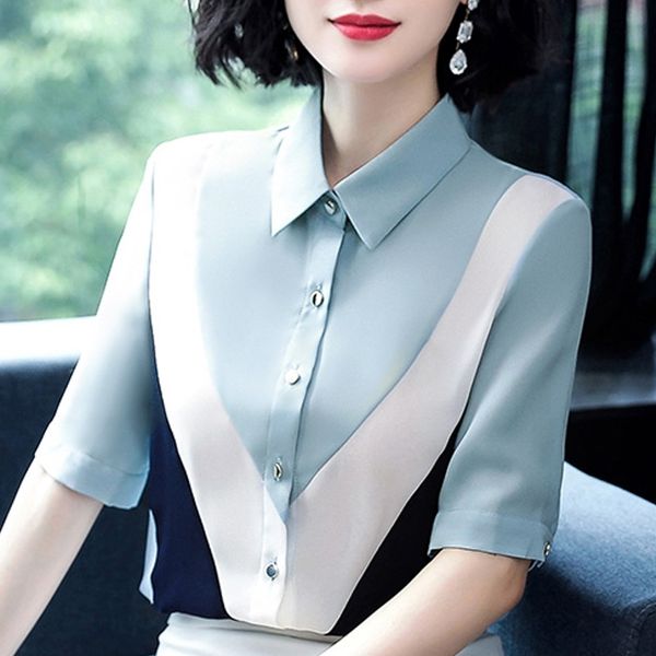 blouses woman 2020 short sleeve summer blouse women chiffon blouse shirt turn down collar office ladies blusas d26, White