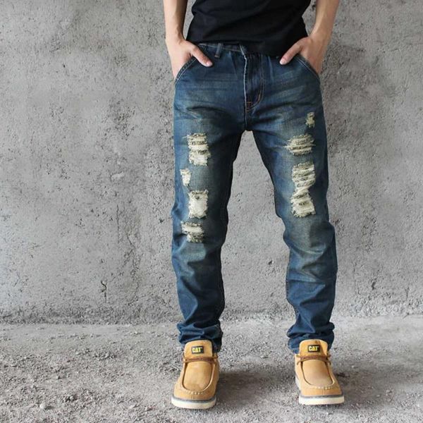 new trend ripped jeans men casual denim pants harem jeans distressed trousers korean style man clothing, Blue
new trend ripped jeans men casual denim pants harem jeans distressed trousers korean style man clothing, Blue