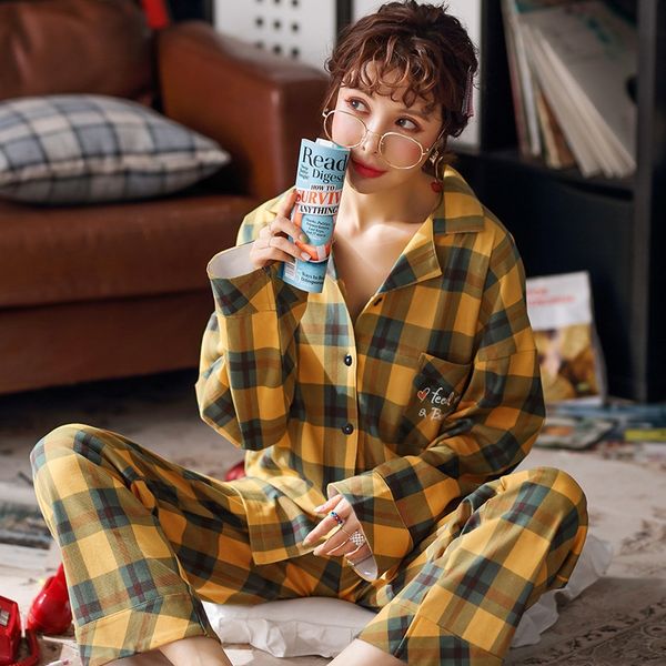female summer cute sweet plaid princess style long sleeve two-piece set pajamas pajamas pure cotton outdoor autumn home wear, Blue;red
female summer cute sweet plaid princess style long sleeve two-piece set pajamas pajamas pure cotton outdoor autumn home wear, Blue;red