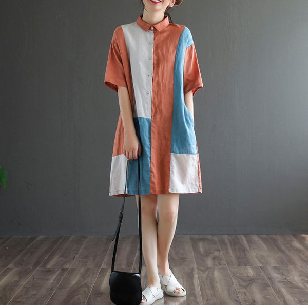 summer new linen lapel color short sleeve dress women's single breasted loose dress, Black;gray
summer new linen lapel color short sleeve dress women's single breasted loose dress, Black;gray