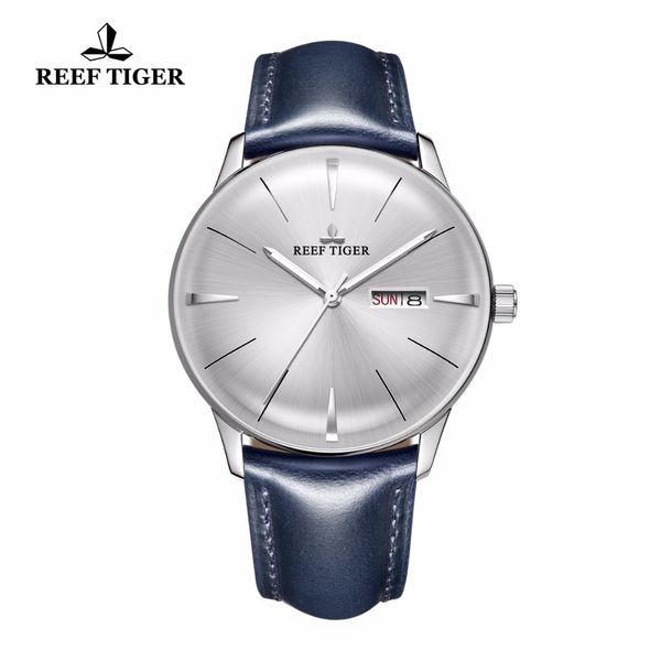 

2020 new reef tiger/rt mens dress watches convex lens white dial automatic watches blue leather band rga8238