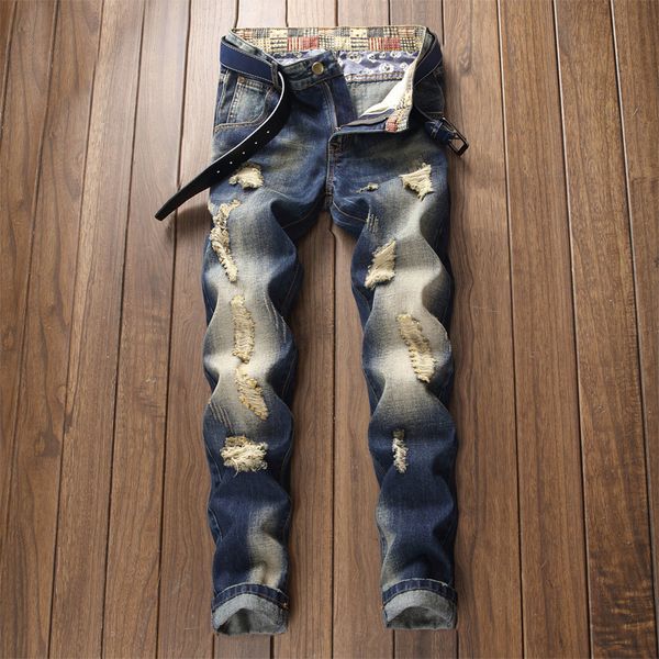 cross-border wish foreign trade men's hole european and american fashion slim trend straight men's jeans, Blue
cross-border wish foreign trade men's hole european and american fashion slim trend straight men's jeans, Blue