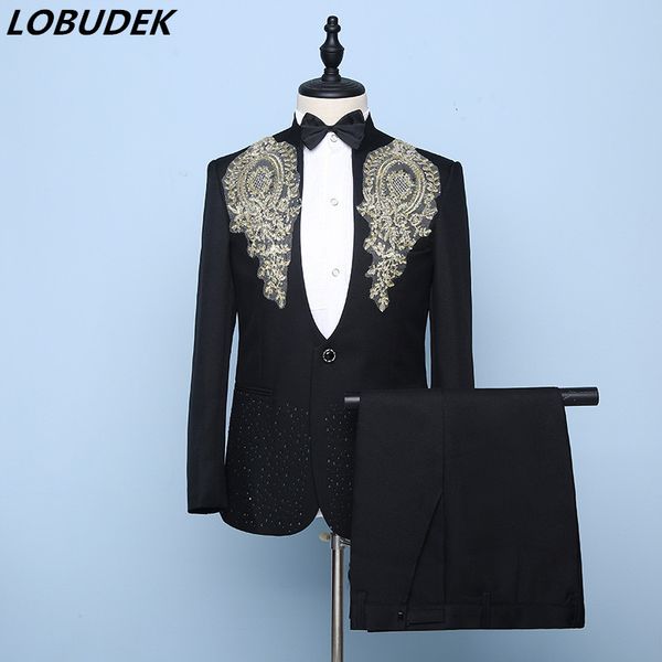 new men's rhinestones suits stage costume stand collar embroidery blazer with pants male host stage performance chorus suit, White;black
new men's rhinestones suits stage costume stand collar embroidery blazer with pants male host stage performance chorus suit, White;black
